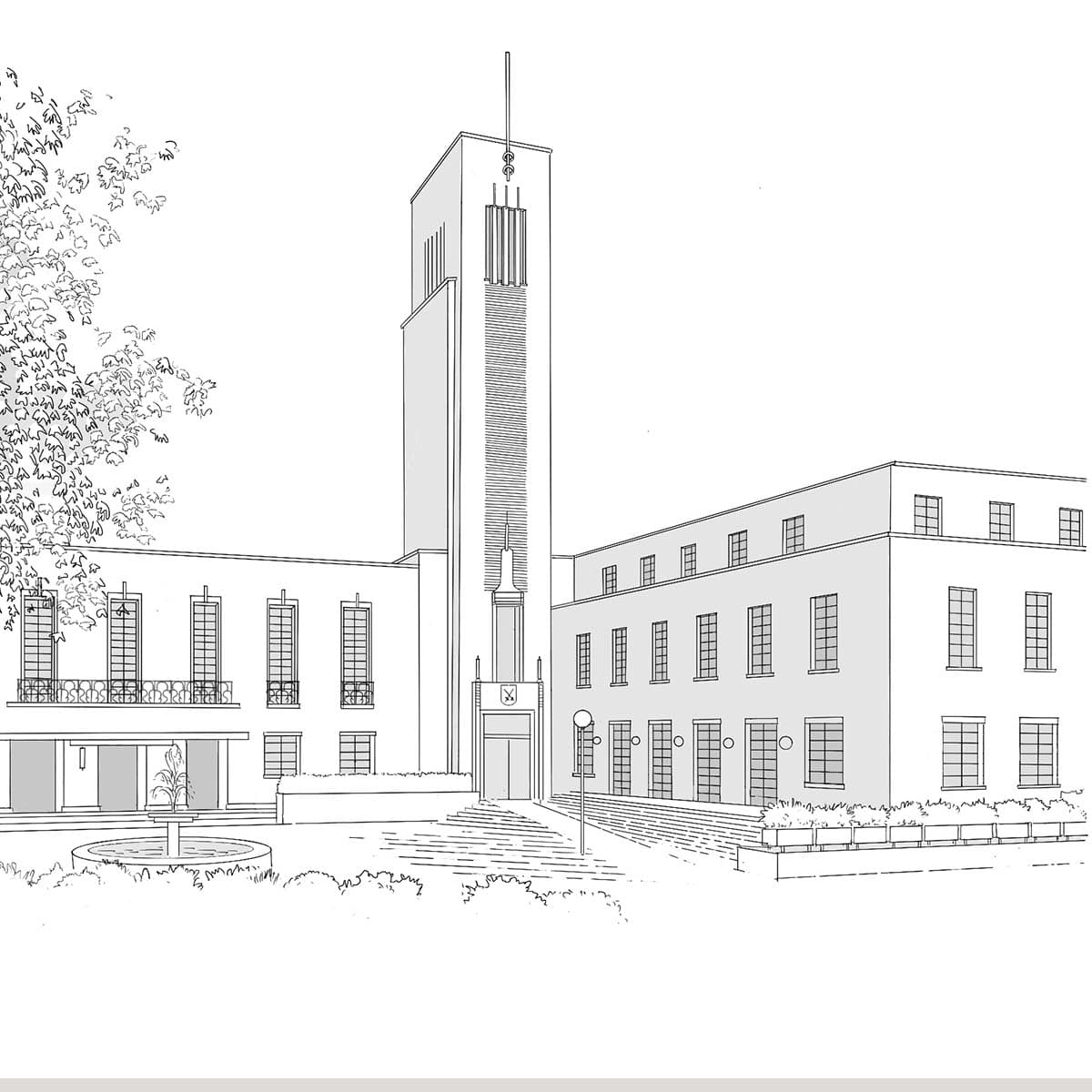 sketch drawing of Hornsey town hall.